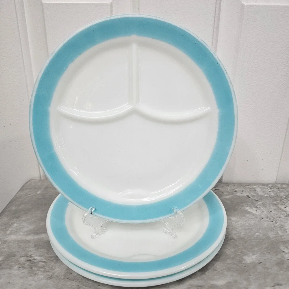 Vintage Corning Milk Glass Divided Grill Plates Turquoise Blue Rim Set of 3 9.5